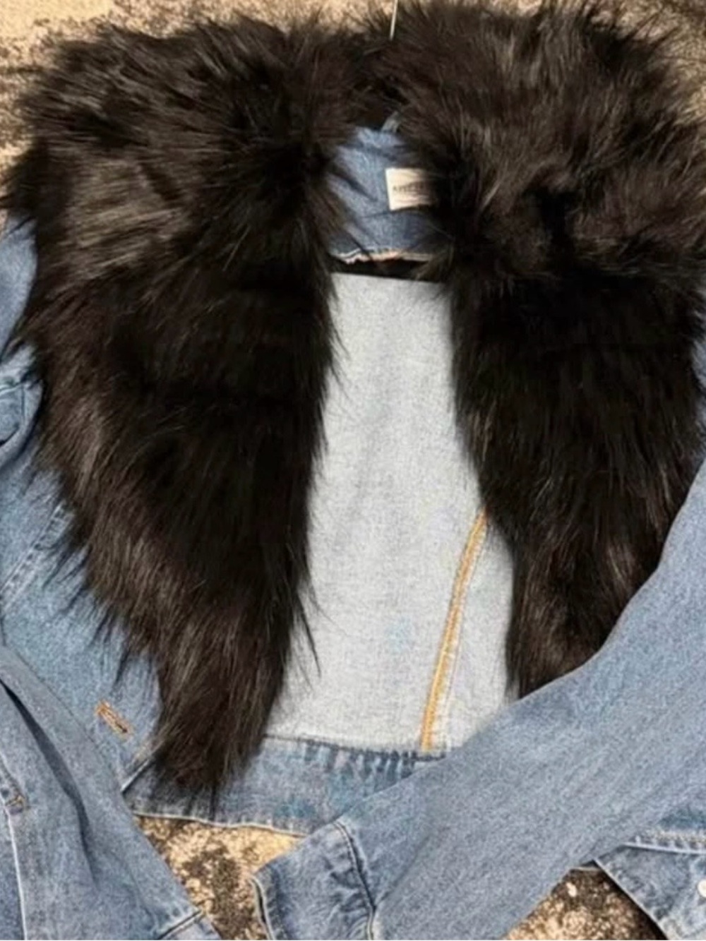 Avec Les Filles Light Blue Denim Jacket with Black Faux Fur Collar